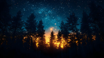 Majestic sunset over silhouetted pine forest under a vibrant starry night sky.