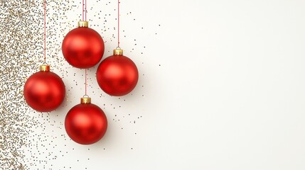 Festive red ornaments hanging against a white background, perfect for Christmas and holiday decorations.
