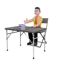 Complete Designer Creativity Characters 3D Model. A male designer set sits with his right hand outstretched, as if he wants to give the book in front of him. Cartoon Illustration