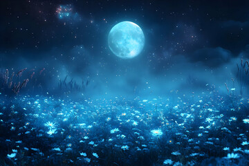 Mystical moonlit field of blue flowers at night.