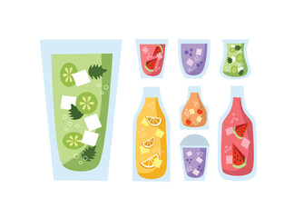 Juice set illustration. Cocktail dink collection. Beverage. Colorful drink. Bottle of juice. Glass of fruit juice.