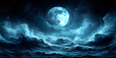 Fototapeta premium Night ocean scene with full moon and waves.