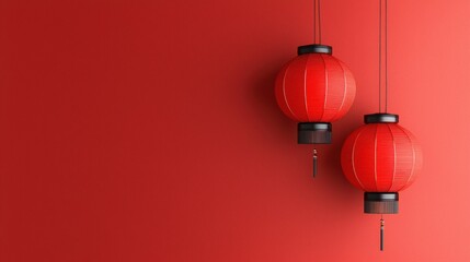 Fototapeta premium Traditional red lanterns hang against a vibrant red background, symbolizing celebration and good fortune.