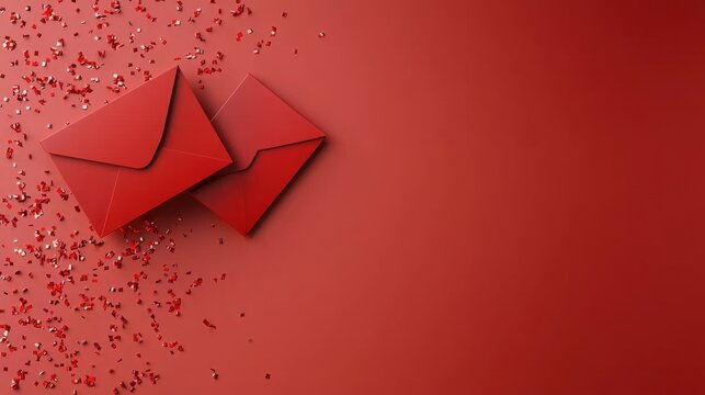 Two red envelopes on a vibrant red background, perfect for love notes or special occasions. Great for themed celebrations.