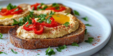 A sandwich with egg and peppers on a wooden board. The sandwich is topped with a spread and has a few pieces of pepper on top