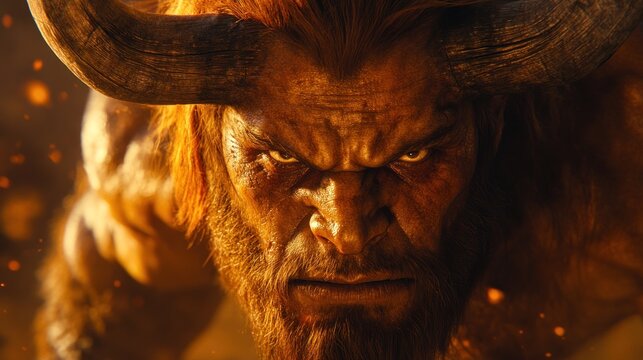 Close-up of a fierce, mythical bull-like creature with intense gaze and fiery backdrop. - Powered by Adobe