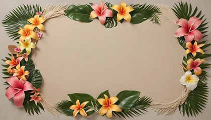 Tropical Flowers and Palm Leaves Frame Beige Background