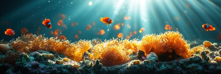 Fototapeta premium Underwater Paradise: Vibrant Coral Reef with Clownfish