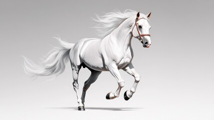 Obraz premium A majestic white horse galloping gracefully against a plain background.