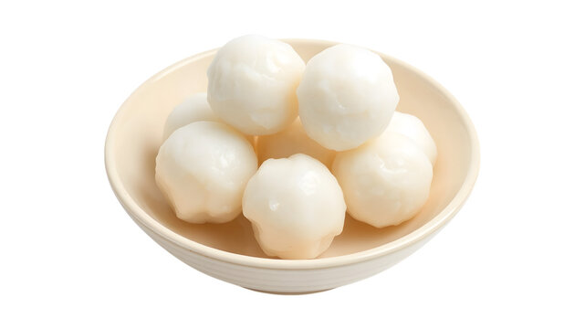 White Fish Balls in a Bowl: Close-up shot of white fish balls arranged in a bowl, perfect for showcasing a healthy and protein-rich snack or ingredient in Asian cuisine. 