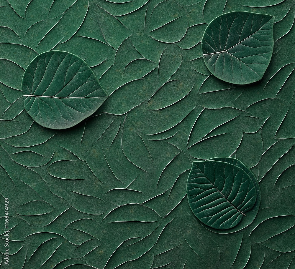 Wall mural 
A green paper texture a pattern of two circles and three leaves, on a black background, a seamless repeating pattern, high resolution, hyper-realistic photography.