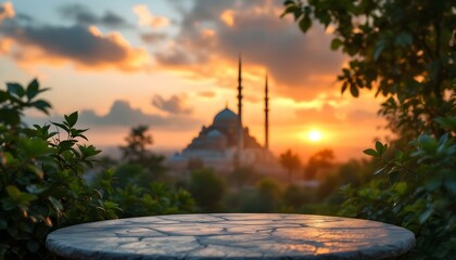 Obraz premium Wooden table top featuring a mosque in the background, capturing the spirit of Ramadan
