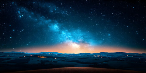 Night sky, Milky Way galaxy over a hilly landscape with distant lights.