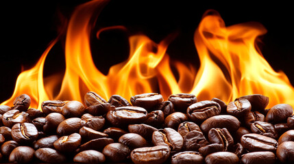 Coffee beans surrounded by vibrant flames, showcasing a dramatic contrast between the dark beans and bright fire.