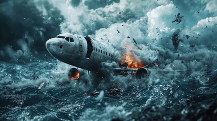 Naklejka premium Crash Landing: A Dramatic Depiction of an Airplane Disaster at Sea