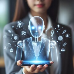 AI Generate of Businesswoman holding hologram digital chatbot, robot application, conversation assistant, a digital chatbot on virtual screen