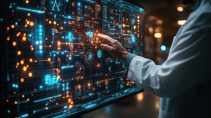 A scientist in a lab coat interacts with a large touch screen display filled with data and graphics, representing futuristic medical technology.