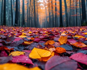 Colorful autumn leaves carpet a forest path.