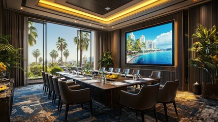Modern conference room with scenic views and audiovisual setup.