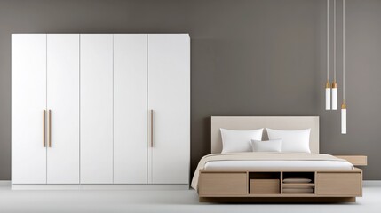 Modern bedroom design featuring a bed and wardrobe.