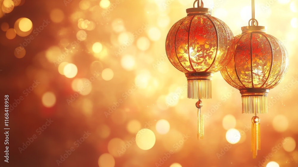 Aufkleber two ornate lanterns glow against a shimmering golden backdrop, creating a warm and festive atmospher