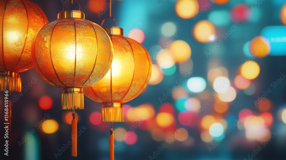 Poster A vibrant display of glowing lanterns against a blurred background, creating a festive and enchanting atmosphere.