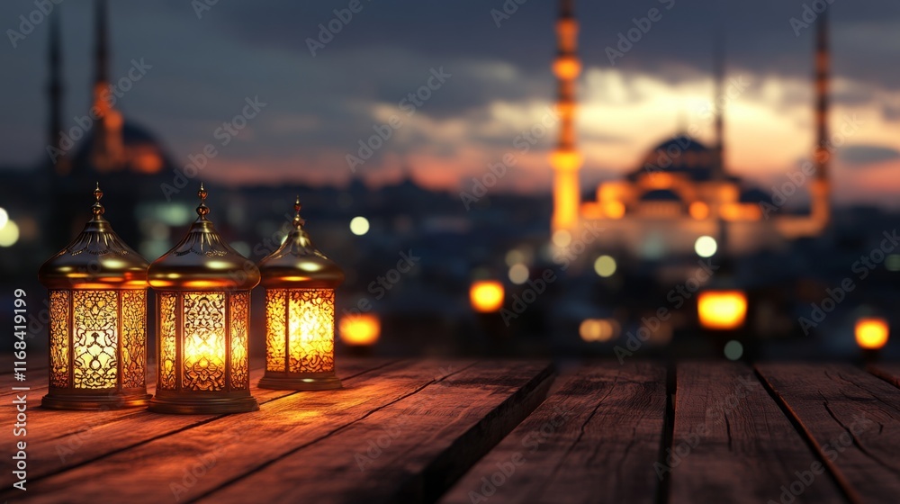 Aufkleber the image features ornate lanterns on a wooden surface, set against a sunset backdrop with mosque si