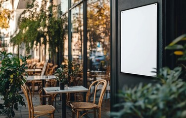 Blank sign on building exterior, outdoor cafe seating.