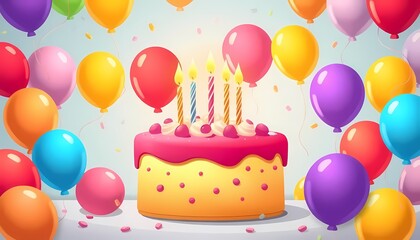 Birthday Cake with Candles and Colorful Balloons
