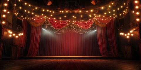 Empty stage with red curtains, lights, and wooden floor. (2)
