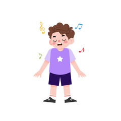 Happy Little Boy Singing Cute Child Cartoon Illustration Music Notes