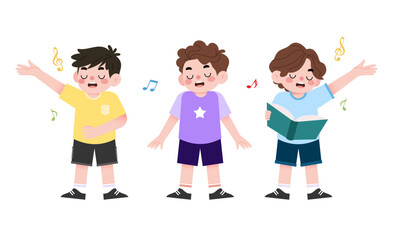 Three Boys Singing and Reading Music Together Cute Cartoon Illustration