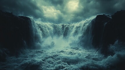Obraz premium Dramatic waterfall cascading over dark rocks under stormy sky.