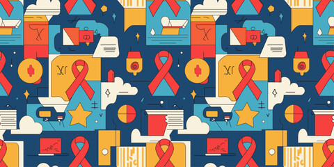 The Cute World Cancer Seamless Pattern on Blue Background in Abstract Style