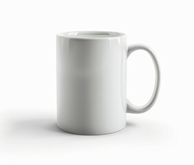 Plain white ceramic coffee mug on white background.