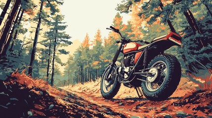 Obraz premium Colorful Illustration of an Off-Road Motorcycle in a Scenic Autumn Forest with Lush Trees and Fallen Leaves Under a Clear Sky