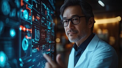 A scientist in a white lab coat stands in front of a large digital screen, analyzing data and pointing at the screen.