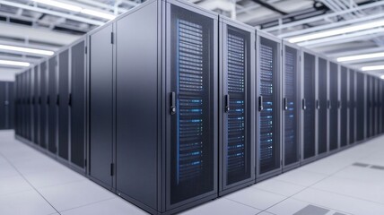 High tech server room with rows of black server cabinets and blue lights