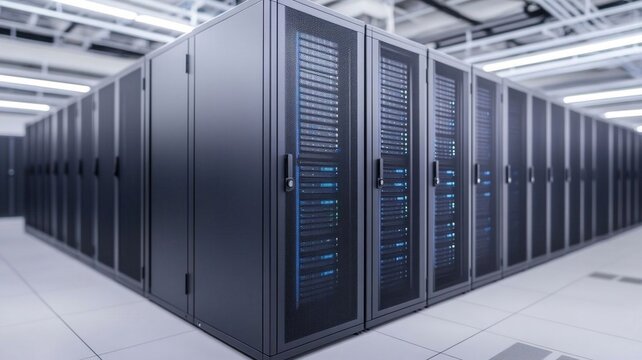 High tech server room with rows of black server cabinets and blue lights