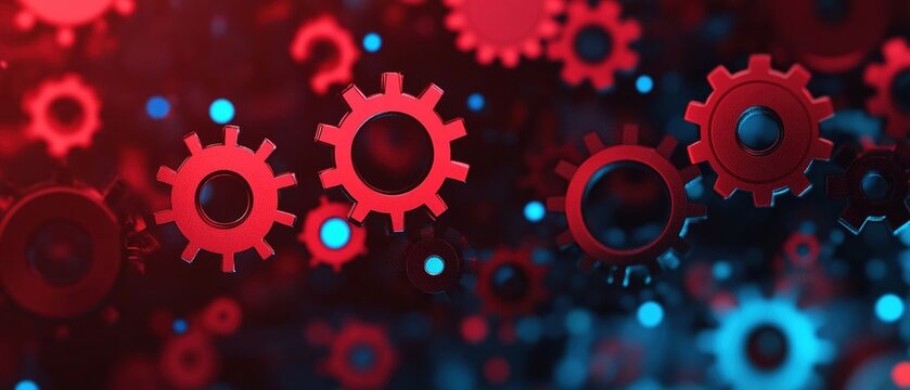 Dynamic graphic of red and black gears with glowing blue accents