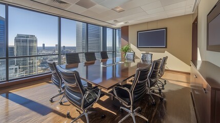 A smart conference room with interactive touch screens and advanced video conferencing setups for international calls