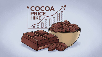 Illustration of a chocolate bar and cocoa beans with an upward trend line, representing rising cocoa prices, perfect for economic, agricultural, or food industry visuals.