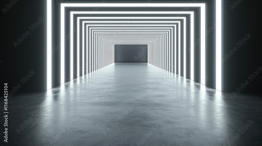 Poster Chalkboard abstract background idea. Futuristic corridor featuring glowing light lines and a minimalistic aesthetic.