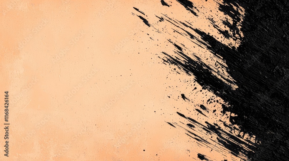 Poster grungy abstract background idea. abstract art with a dynamic black brushstroke on a textured peach b