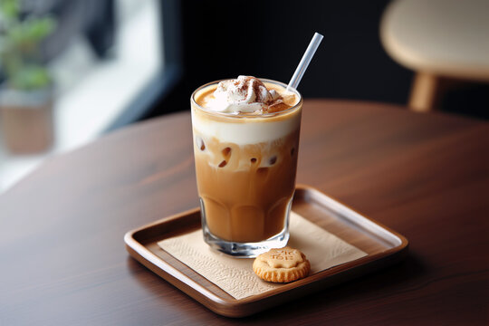 Glass of iced latte with whipped cream and cocoa served on a wooden tray with a butter cookie
