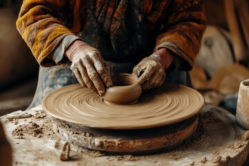 Hands of a skilled potter shaping clay on a spinning pottery wheel in a rustic workshop