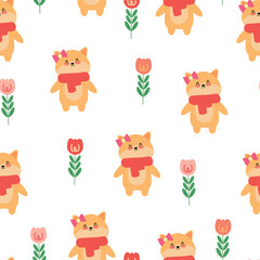 Seamless pattern cartoon fox and flower. cute plant wallpaper and animals background for gift wrap paper