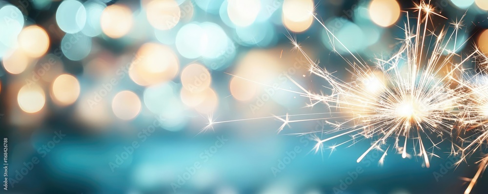 Poster Burst abstract background concept. A sparkling firework sparkler glowing against a blurred background of colorful lights.
