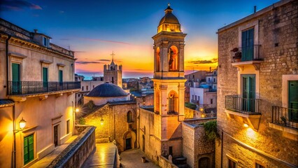 Fototapeta premium Bari, Puglia, Italy: Bell Tower of Santa Chiara Church at Night - Low Light Photography