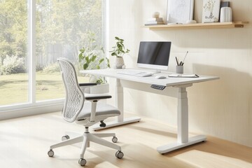 Modern home office featuring an adjustable desk, ergonomic chair, and computer. Large windows offer a serene view of the garden.